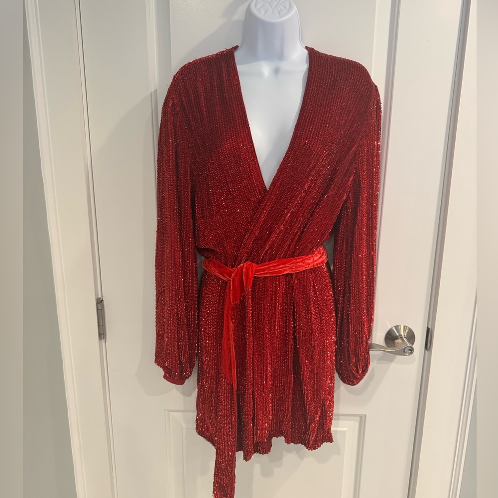 Retrofete Gabrielle Red sequin robe wrap dress w tie belt size XS New Year